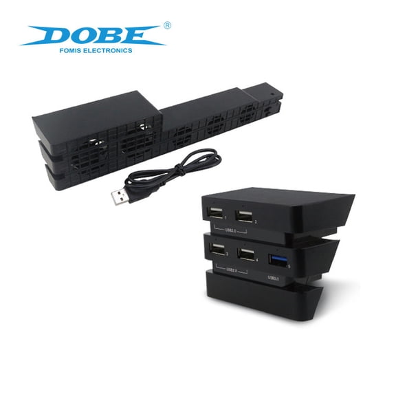 2-in-1 Cooling Fan & USB Hub Combo Set for PS4 Pro Console, ABS Heat Dissipation Cooler with Charging Port Expansion Function, Compact Gaming Accessory Kit Black 300g