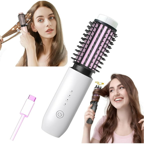 2-in-1 Cordless Curling Iron & Straightener Brush,Heated Hair Styler with Needle Teeth Comb,USB-C Rechargeable,4 Temp,200M Ionic for Curls/Straightening/Smoothing (Women & Travel) (W&Pink)