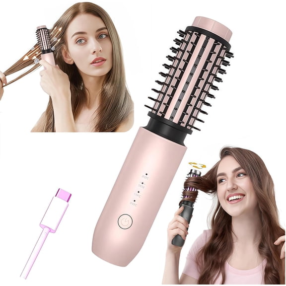 2-in-1 Cordless Curling Iron & Straightener Brush,Heated Hair Styler with Needle Teeth Comb,USB-C Rechargeable,4 Temp,200M Ionic for Curls/Straightening/Smoothing (Women & Travel) (Pink Gold)