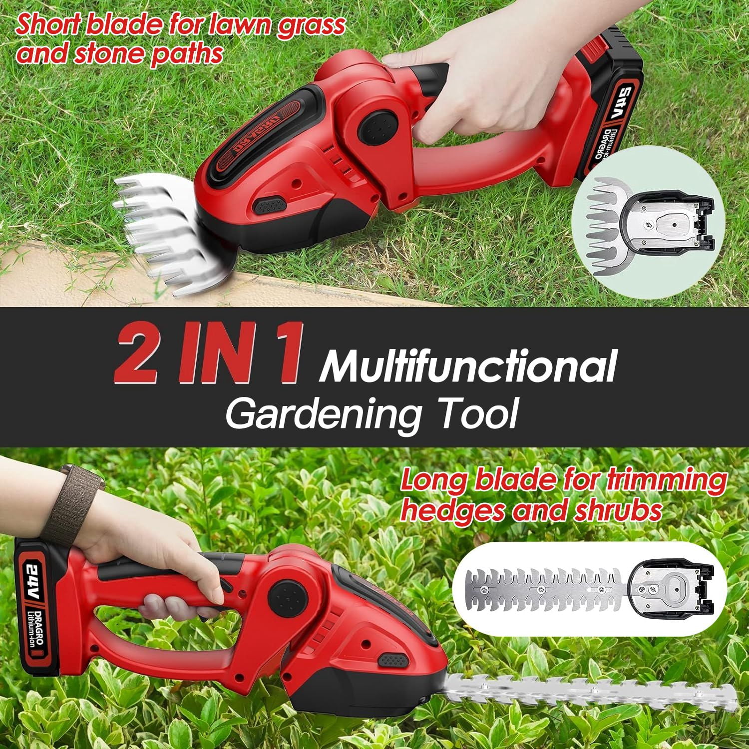 2-in-1 Cordless Grass Trimmer & Hedge Shear 400W Motor 90 °   Adjustable Head   Blades for Edging Pruning 24V 1500mAh Battery Double Safety Lock for Yard Garden Landscape Maintenance & Grooming