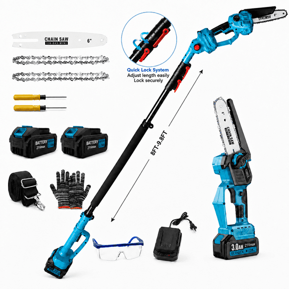 SEEVOLX 2-in-1 Cordless Pole Saw & Mini Chainsaw, 6-Inch Electric Chainsaw with 2 x 21 VBatteries, Automatic Oiling, Extension Pole Up to 9.8 FT Reach for Tree Trimming & Branch Cutting