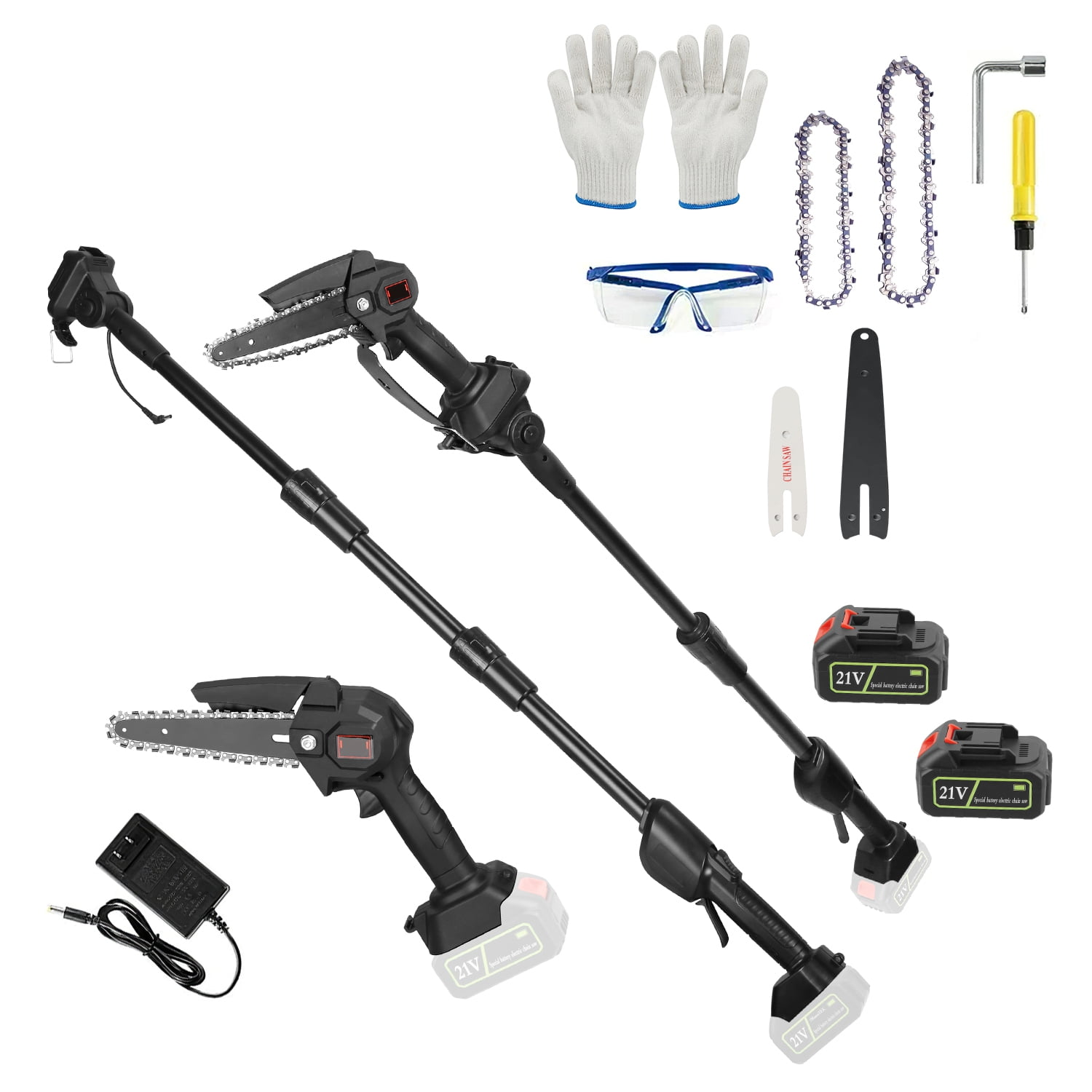 2-in-1 Cordless Pole Saw & Electric Mini Chainsaw Portable Handheld Chainsaw 2Pcs 21V 3000mAh Battery Powered Chain Saw with Extension Pole 4in/6in Chains for Tree Trimming