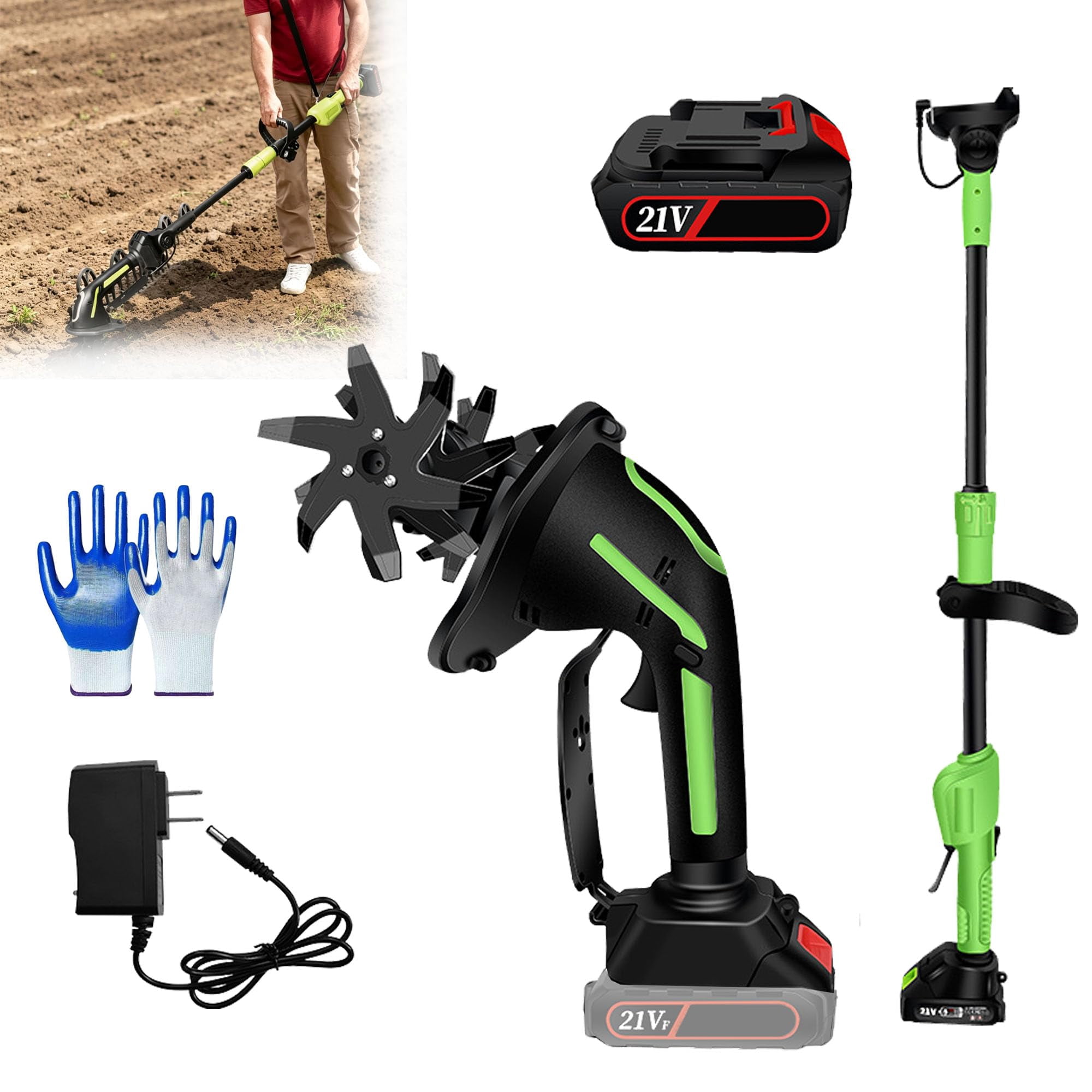 2-in-1 Cordless Tiller & Cultivator with Extension Pole, 2026 Rechargeable Garden Rototiller, Lightweight Handheld Soil Cultivator for Lawn, Yard, Flower Beds & Vegetable Gardens