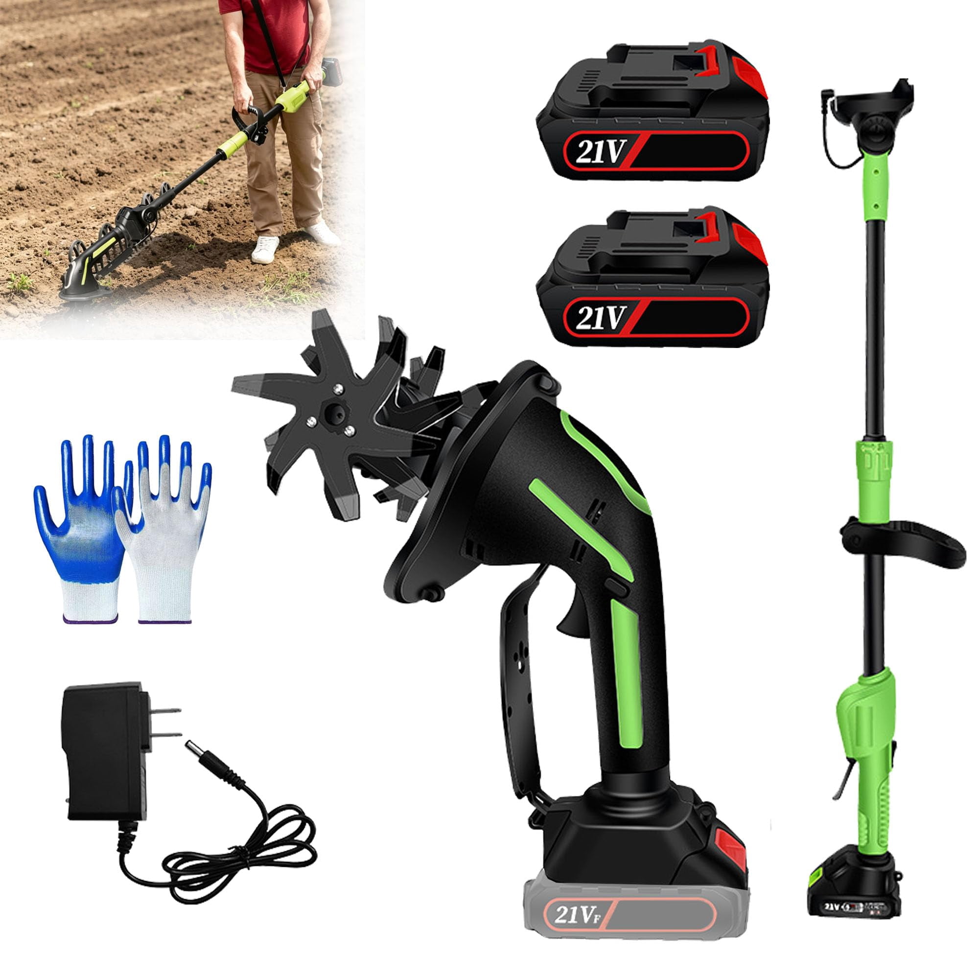 2-in-1 Cordless Tiller & Cultivator with Extension Pole, 2026 Rechargeable Garden Rototiller, Lightweight Handheld Soil Cultivator for Lawn, Yard, Flower Beds & Vegetable Gardens