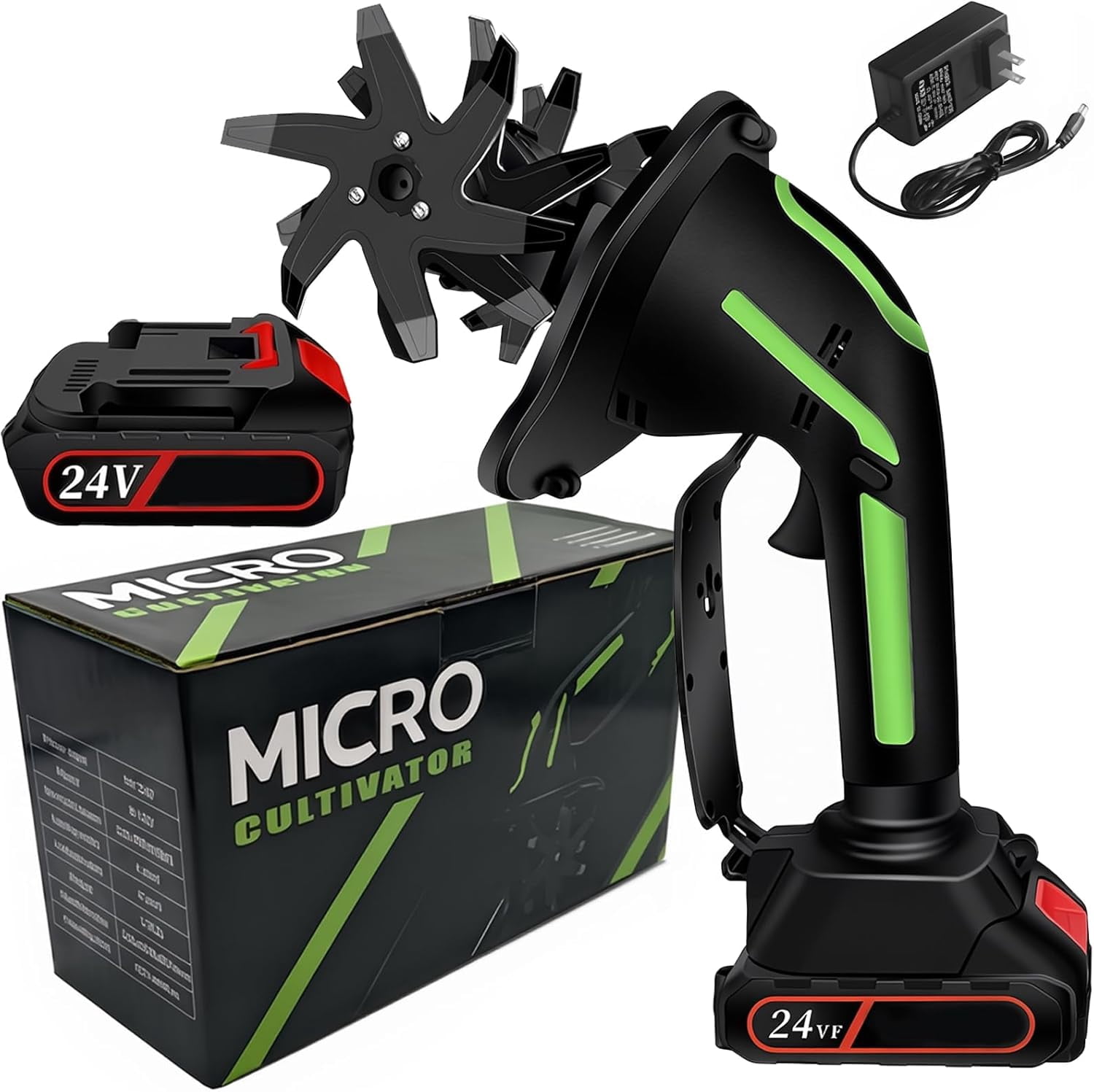 2-in-1 Cordless Tiller & Cultivator with Extension Pole, 24V Battery Powered Handheld Garden Tiller, Electric Soil Cultivator for Weeding and Aerating, Yard & Lawn (No Extension Pole, 1 Battery)