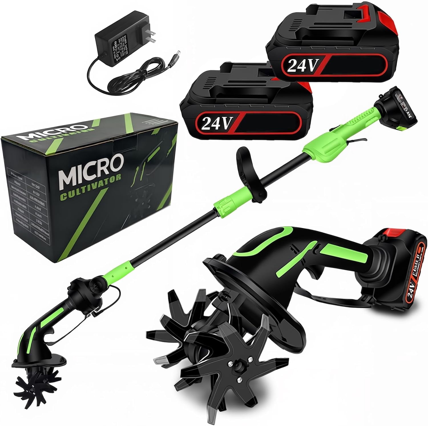2-in-1 Cordless Tiller & Cultivator with Extension Pole, 24V Battery Powered Handheld Garden Tiller, Electric Soil Cultivator for Weeding and Aerating, Yard & Lawn (with Extension Pole, 2 Battery)