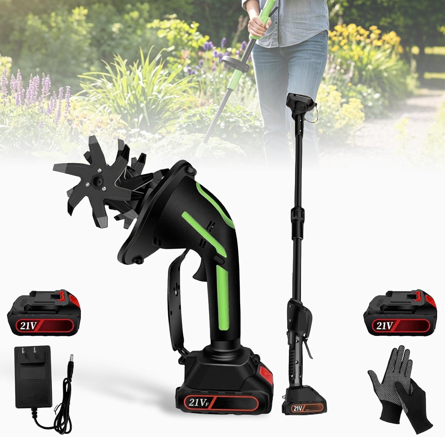 2-in-1 Cordless Tiller and Cultivator with Extension Pole, Battery Powered Handheld Garden Tiller, Rechargeable Soil Cultivator for Gardens, Flower Beds, Weeding, and Trenching (2 Battery+Rod)