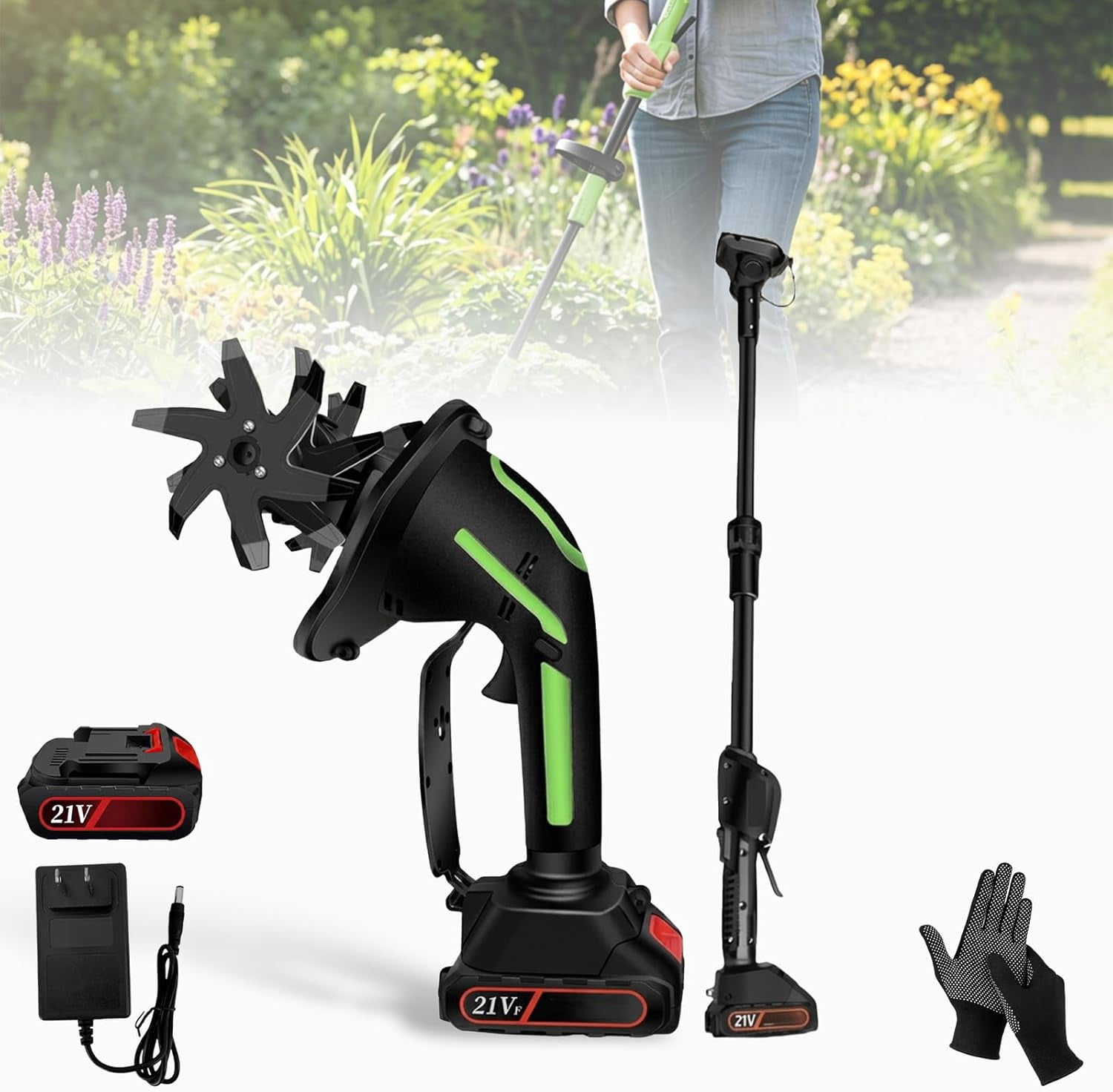 2-in-1 Cordless Tiller and Cultivator with Extension Pole, Battery Powered Handheld Garden Tiller, Rechargeable Soil Cultivator for Gardens, Flower Beds, Weeding, and Trenching (1 Battery+Rod)