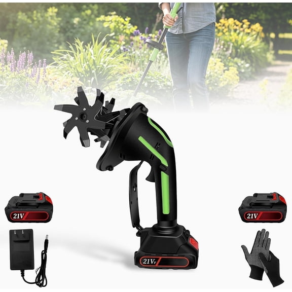 2-in-1 Cordless Tiller & Cultivator with Extension Pole – Battery Powered Handheld Garden Tool, Rechargeable Soil Cultivator for Weeding, Flower Beds, Trenching