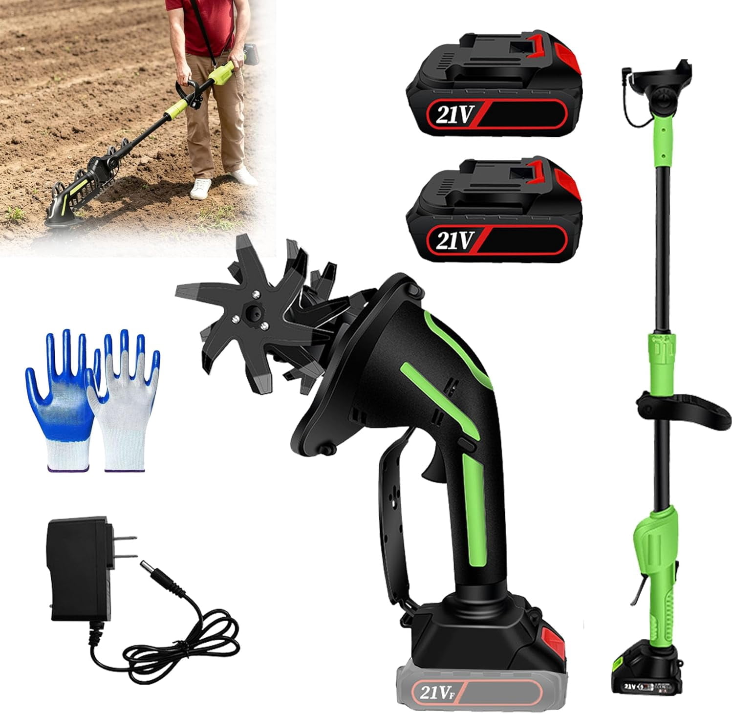 2-in-1 Cordless Tiller & Cultivator with Extension Pole, Rechargeable Garden Rototiller, Lightweight Handheld Soil Cultivator for Lawn, Yard, Flower Beds & Vegetable Gardens (Battery x2-Pole)