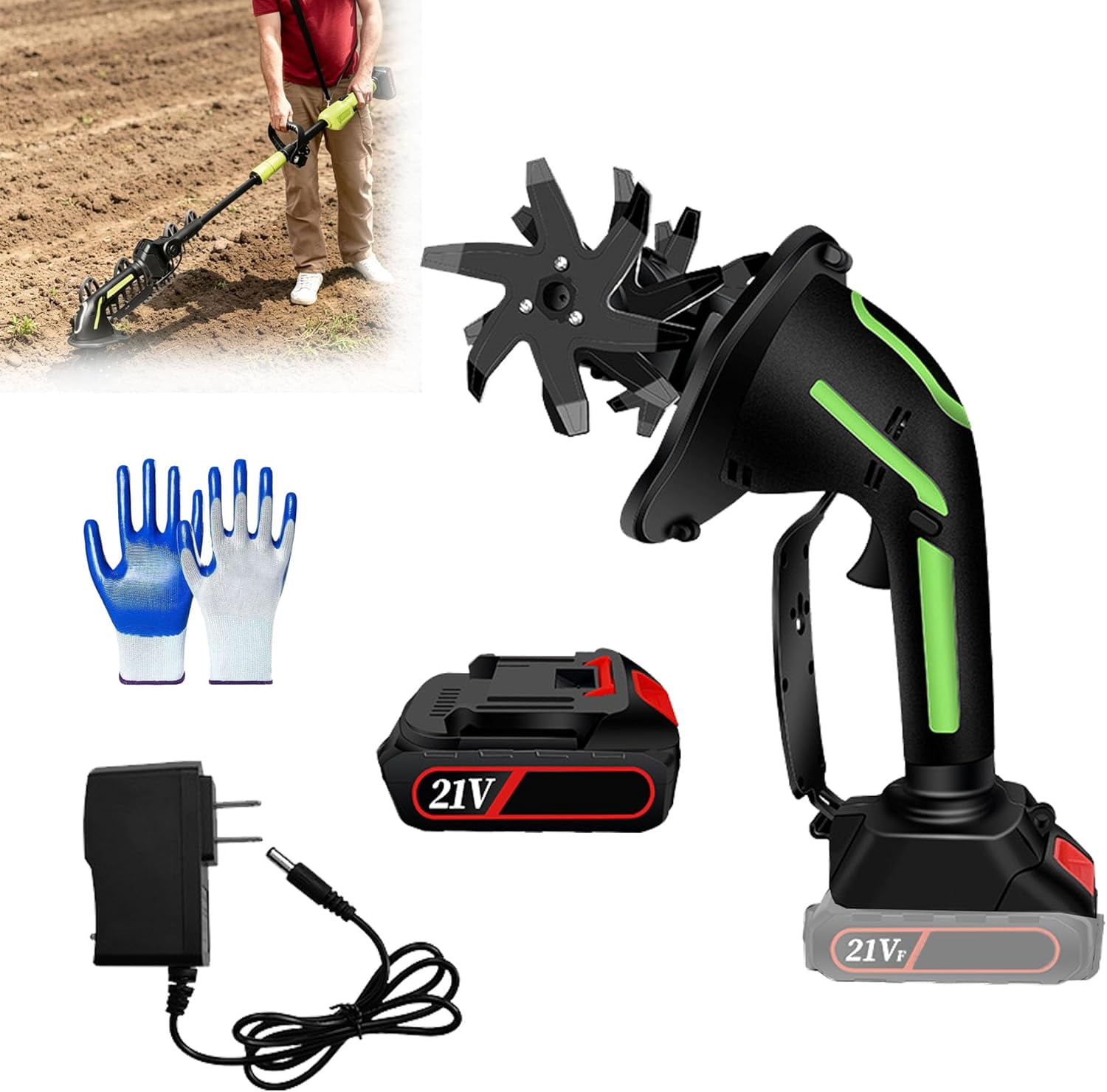 2-in-1 Cordless Tiller & Cultivator with Extension Pole, Rechargeable Garden Rototiller, Lightweight Handheld Soil Cultivator for Lawn, Yard, Flower Beds & Vegetable Gardens (Battery x1)
