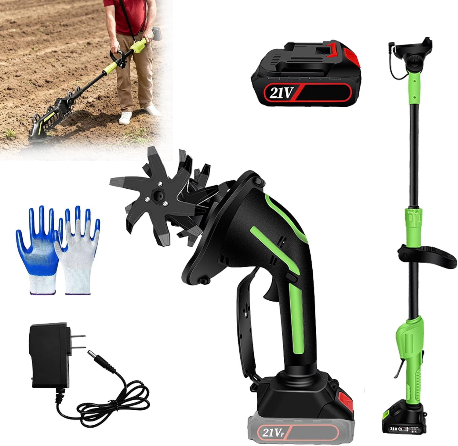2-in-1 Cordless Tiller & Cultivator with Extension Pole, Rechargeable Garden Rototiller, Lightweight Handheld Soil Cultivator for Lawn, Yard, Flower Beds & Vegetable Gardens (Battery x1-Pole)