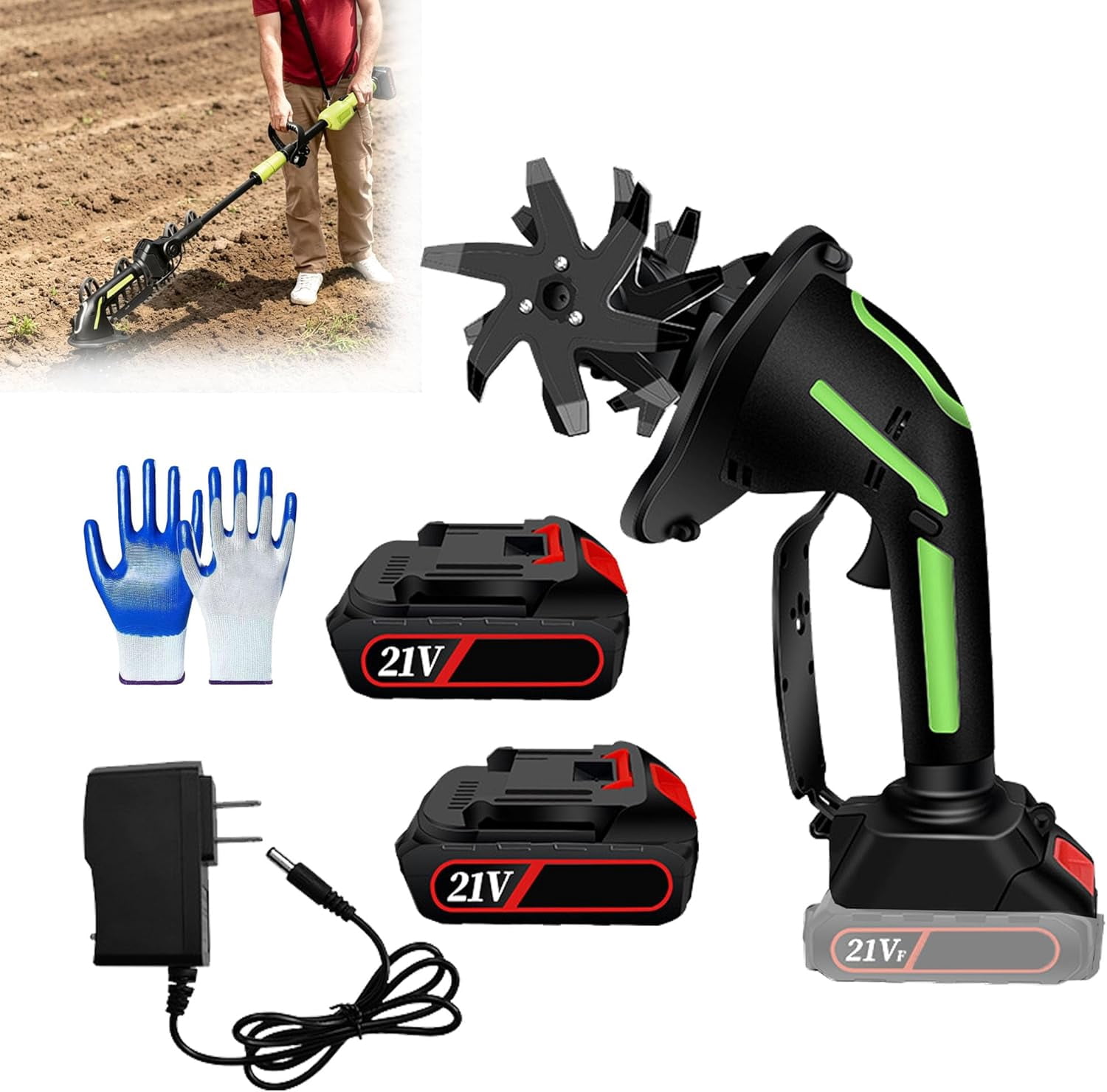 2-in-1 Cordless Tiller & Cultivator with Extension Pole, Rechargeable Garden Rototiller, Lightweight Handheld Soil Cultivator for Lawn, Yard, Flower Beds & Vegetable Gardens (Battery x2)