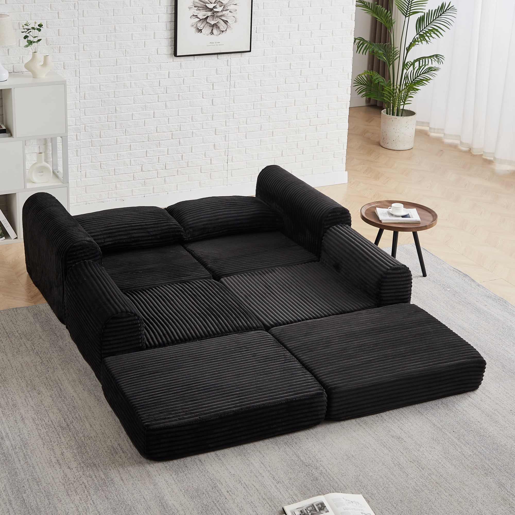 2-in-1 Corduroy Convertible Sleeper Sofa Bed with with Two Throw Pillows & Curved Lines for Living Room,Easy Assembly,Black