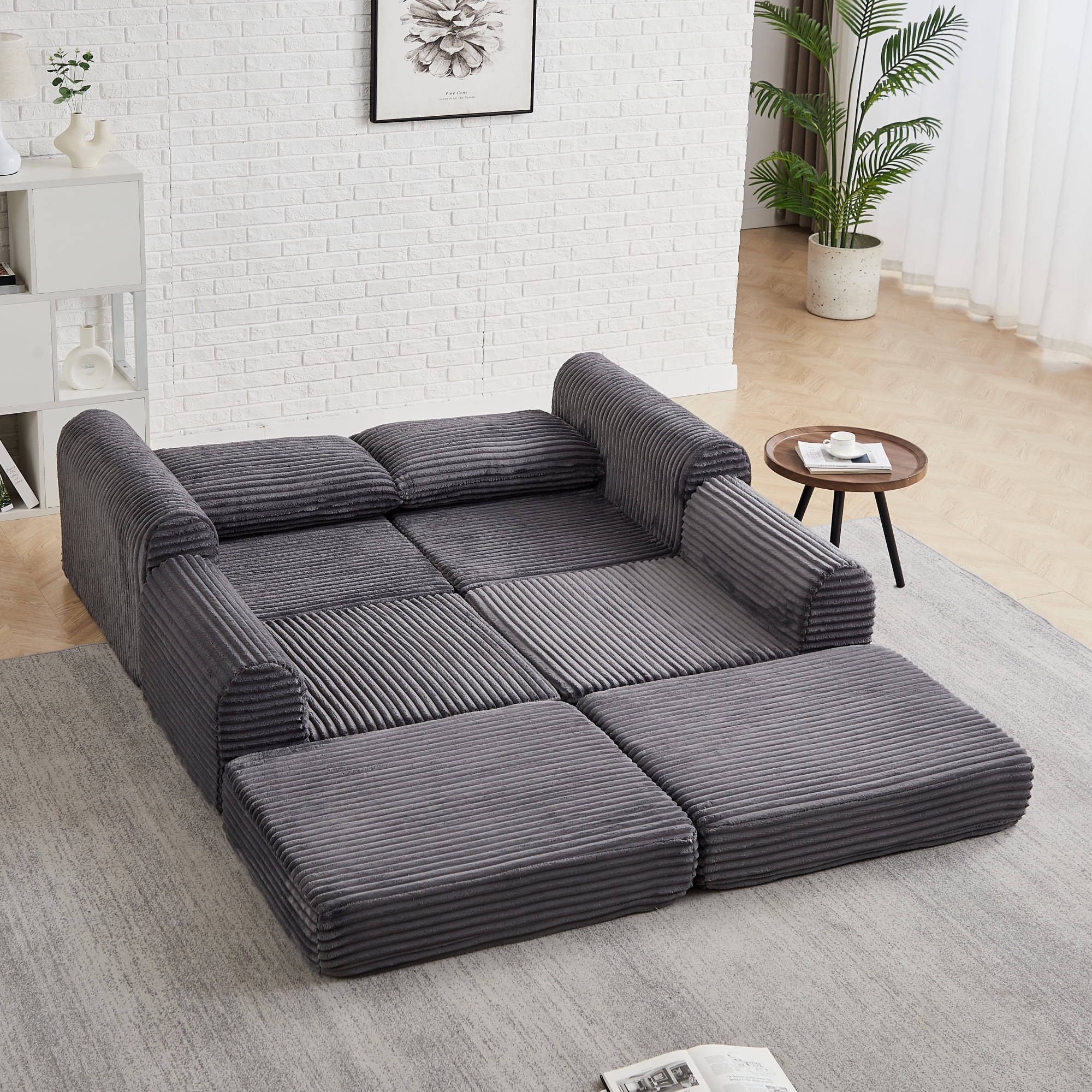 2-in-1 Corduroy Convertible Sleeper Sofa Bed with with Two Throw Pillows & Curved Lines for Living Room,Easy Assembly,Grey