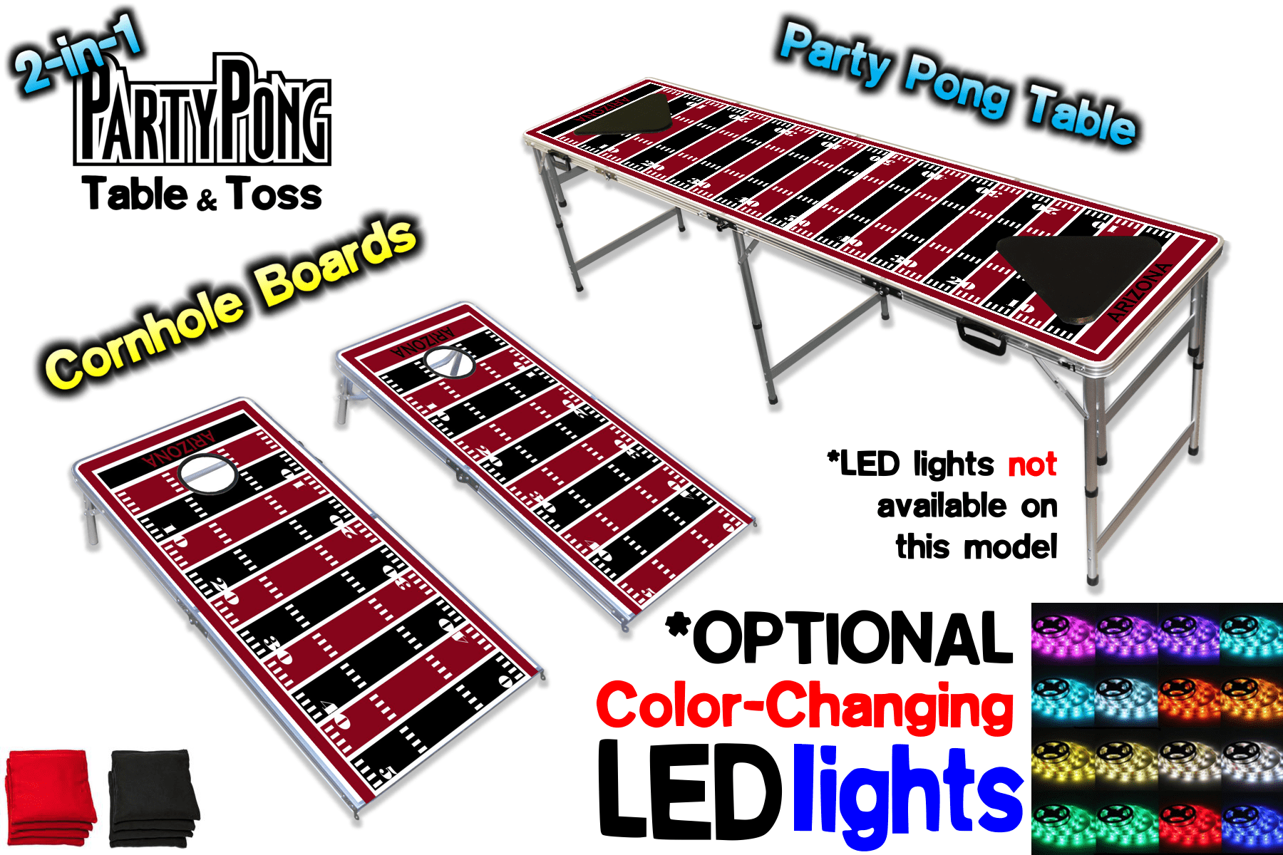 2-in-1 Cornhole Boards & Beer Pong Table - Arizona Football Field