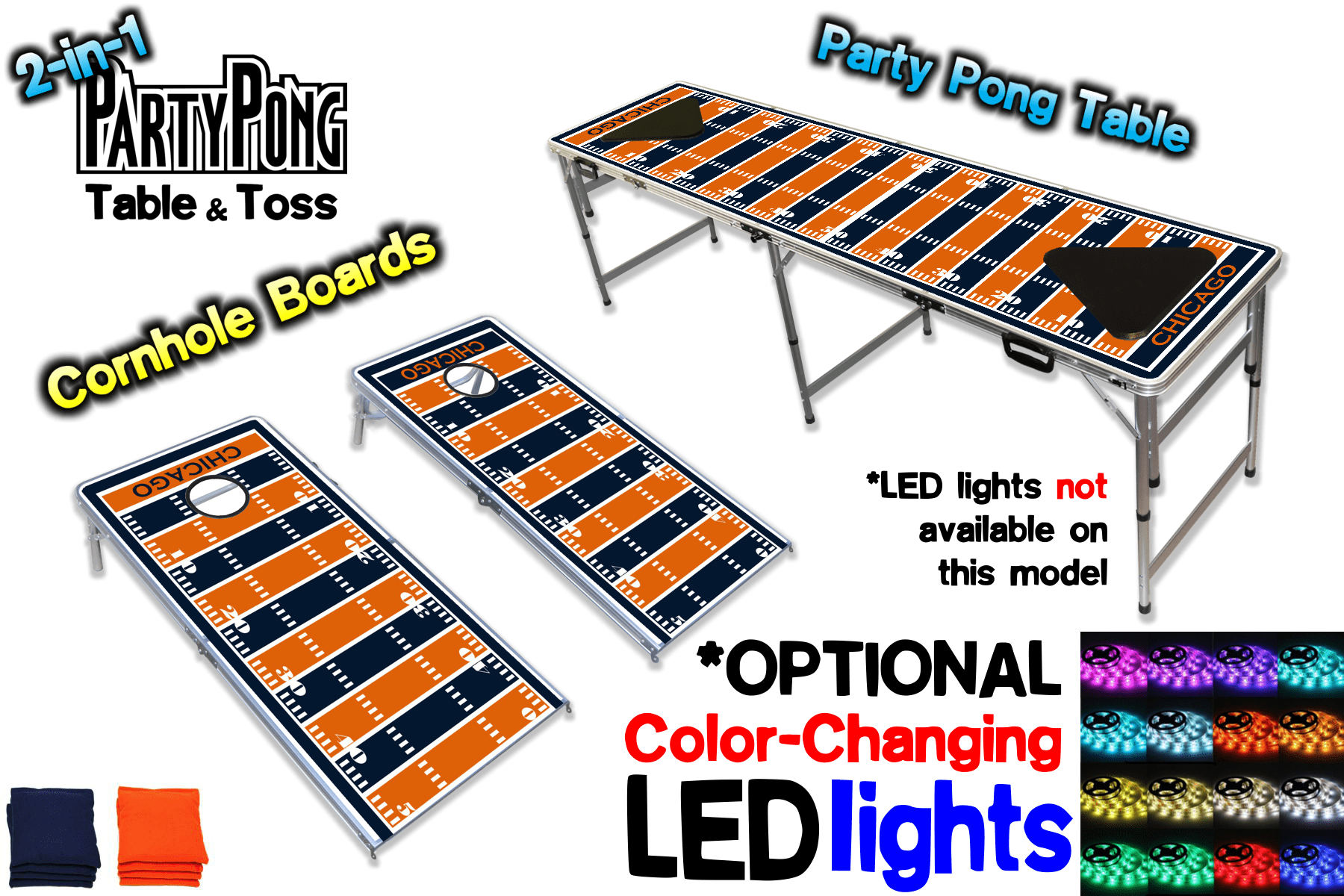2-in-1 Cornhole Boards & Beer Pong Table - Chicago Football Field