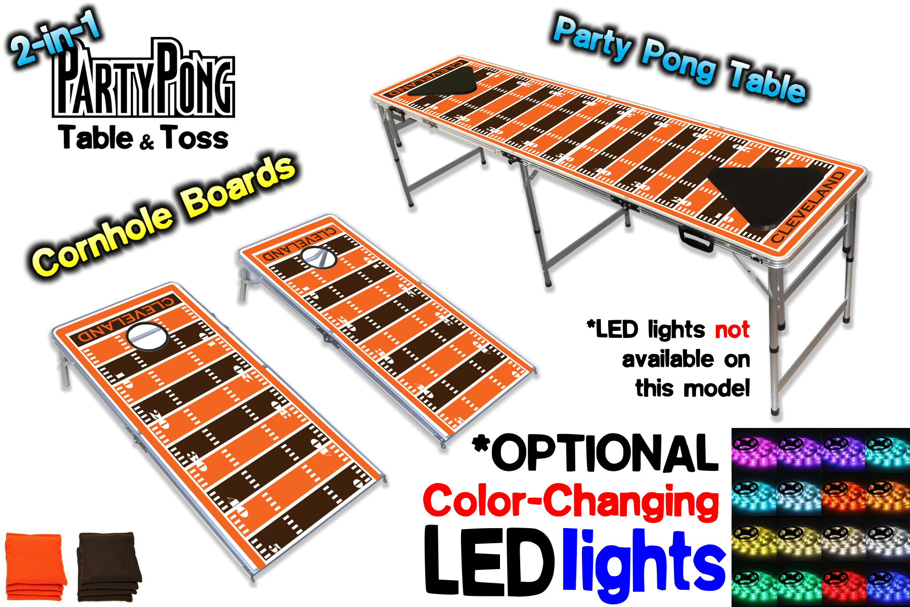 2-in-1 Cornhole Boards & Beer Pong Table - Cleveland Football Field