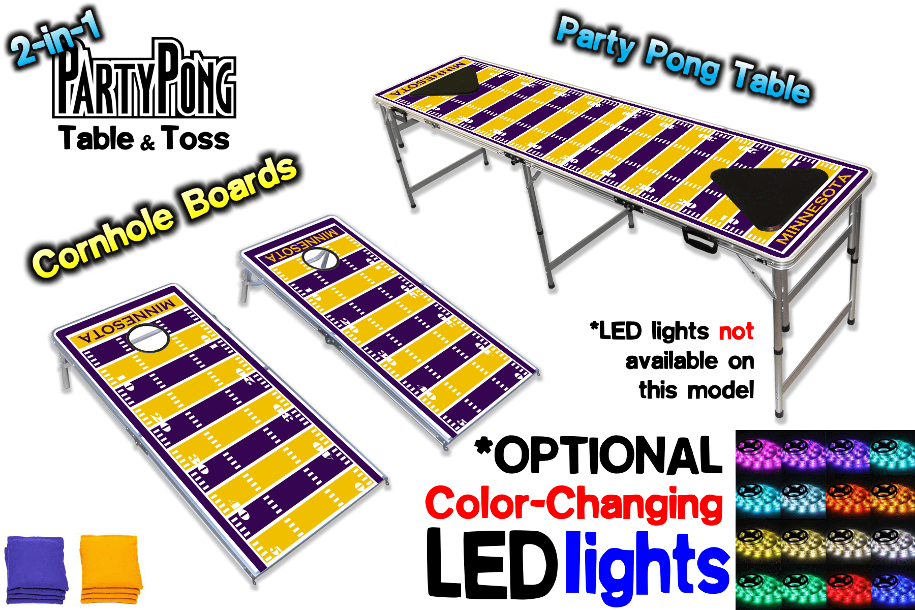 2-in-1 Cornhole Boards & Beer Pong Table - Minnesota Football Field