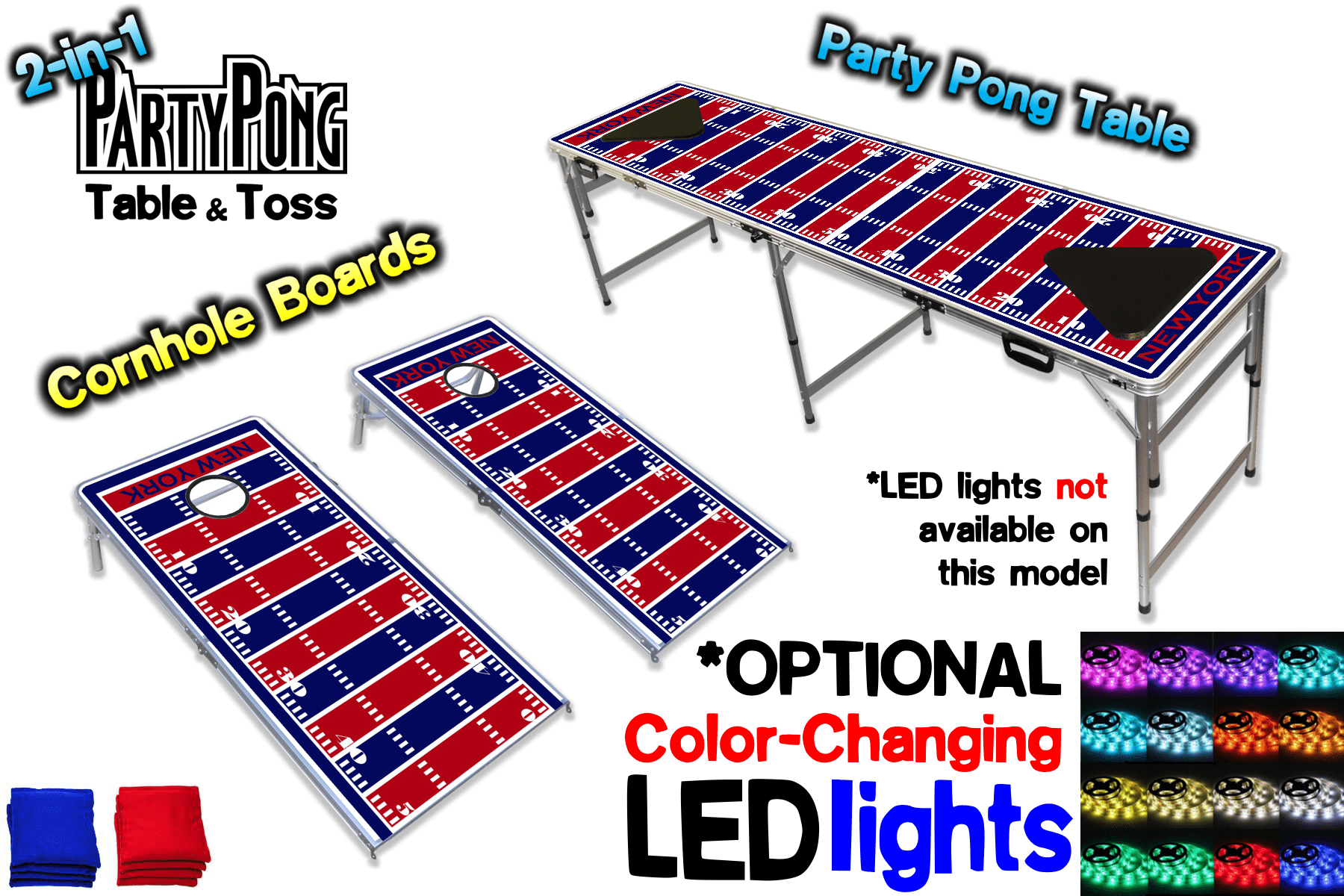 2-in-1 Cornhole Boards & Beer Pong Table - New York Football Field