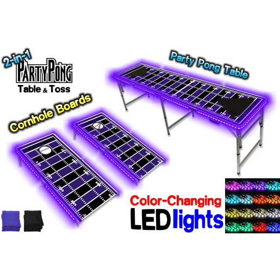 2-in-1 Cornhole Boards & Beer Pong Table w/ Color-Changing LED Glow Lights - Baltimore Football Field