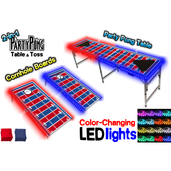 2-in-1 Cornhole Boards & Beer Pong Table w/ Color-Changing LED Glow Lights - Buffalo Football Field