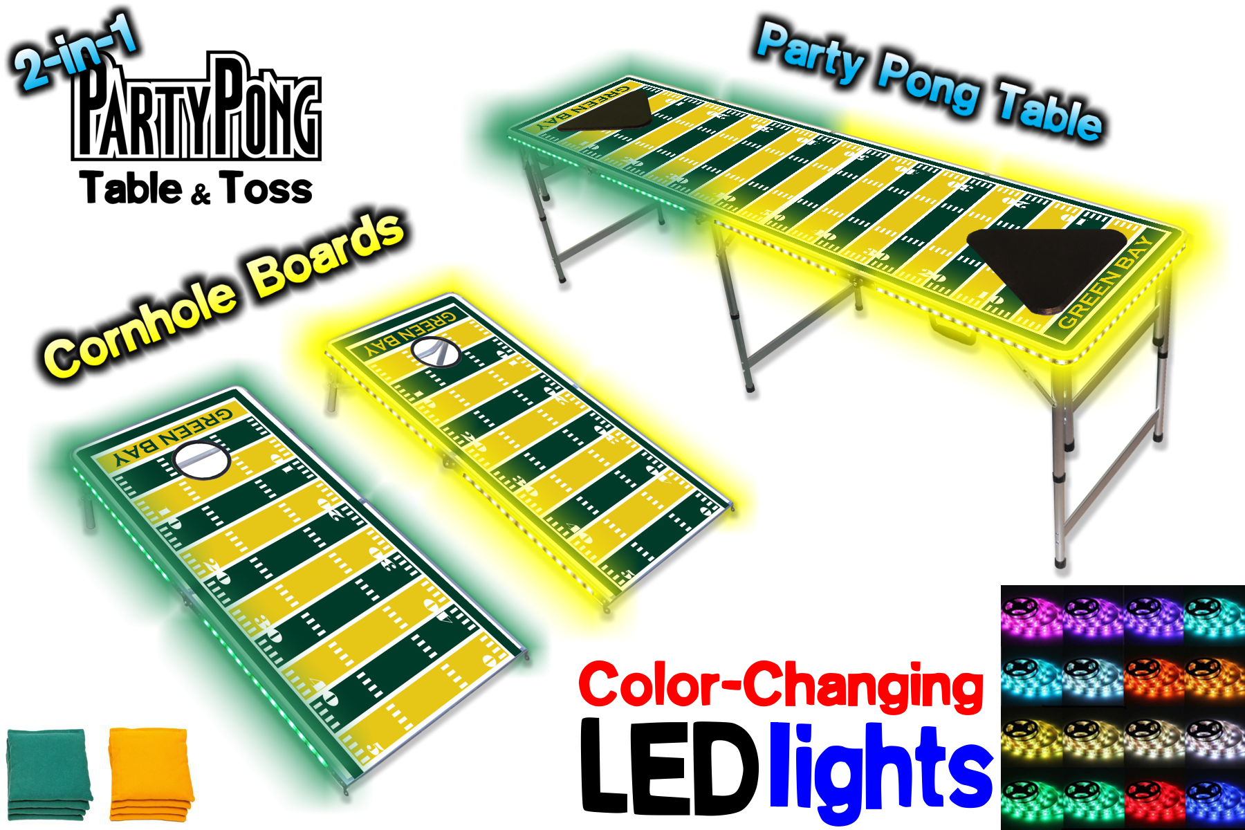 2-in-1 Cornhole Boards & Beer Pong Table w/ Color-Changing LED Glow Lights - Green Bay Football Field