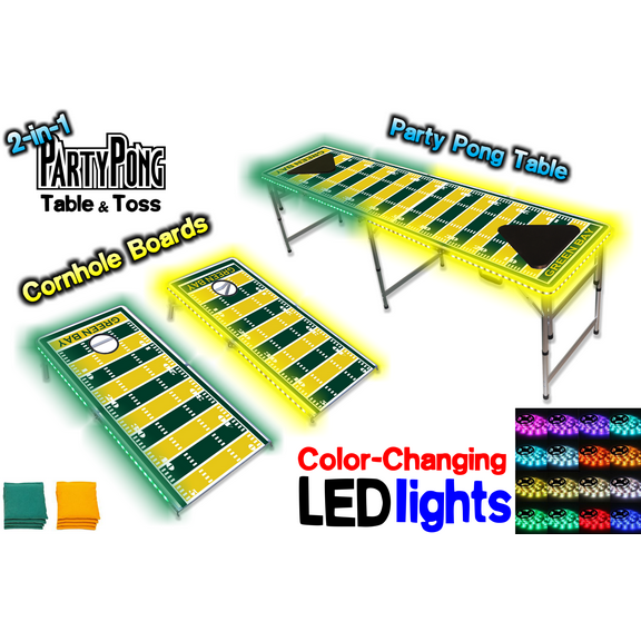 2-in-1 Cornhole Boards & Beer Pong Table w/ Color-Changing LED Glow Lights - Green Bay Football Field