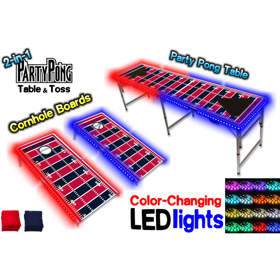 2-in-1 Cornhole Boards & Beer Pong Table w/ Color-Changing LED Glow Lights - Houston Football Field
