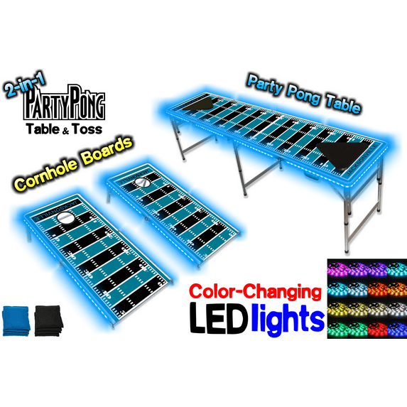2-in-1 Cornhole Boards & Beer Pong Table w/ Color-Changing LED Glow Lights - Jacksonville Football Field