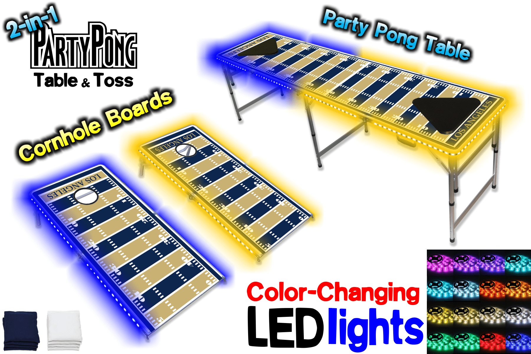 2-in-1 Cornhole Boards & Beer Pong Table w/ Color-Changing LED Glow Lights - Los Angeles Football Field