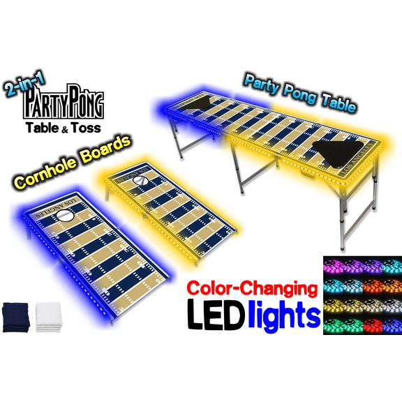 2-in-1 Cornhole Boards & Beer Pong Table w/ Color-Changing LED Glow Lights - Los Angeles Football Field