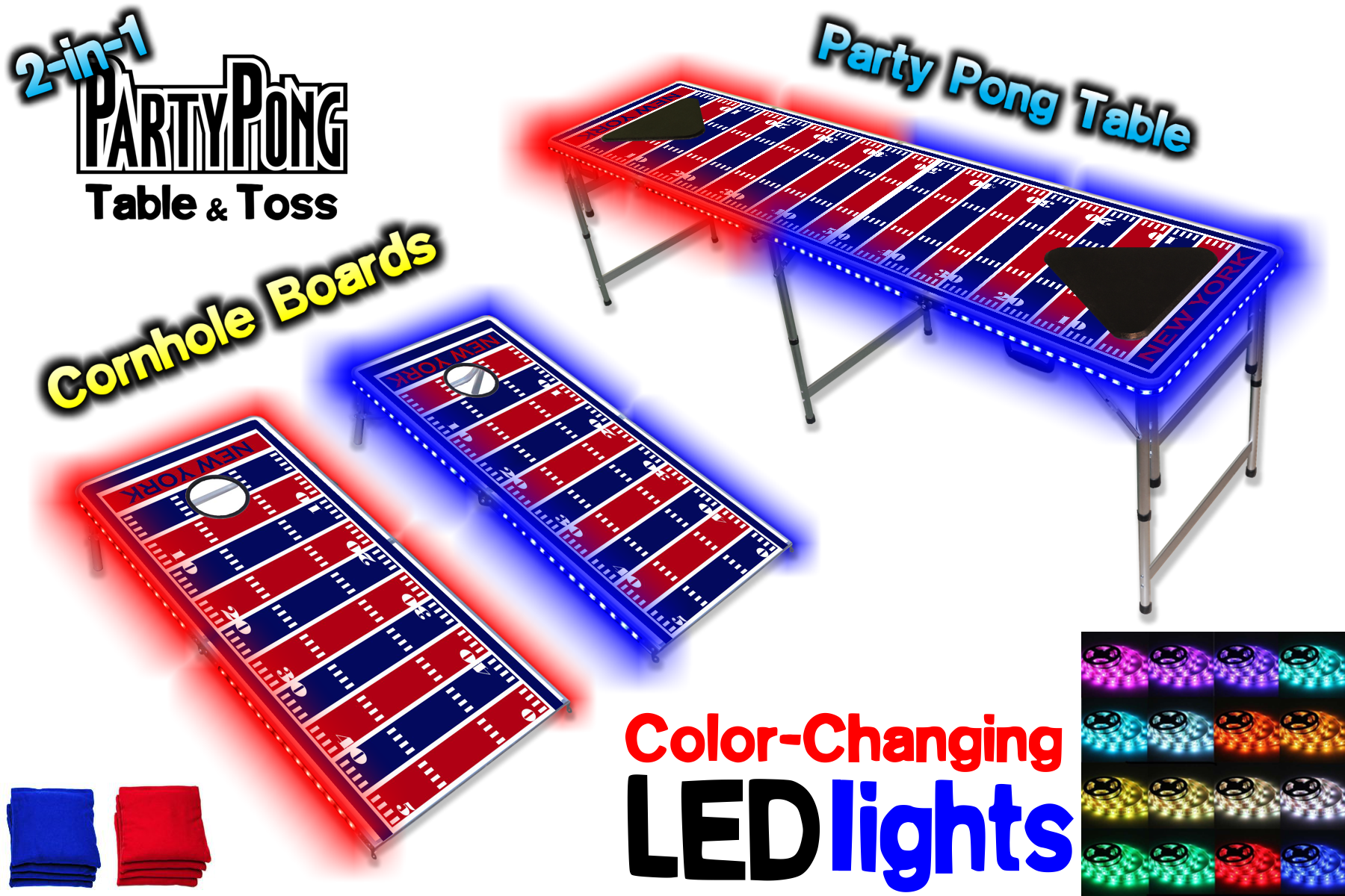 2-in-1 Cornhole Boards & Beer Pong Table w/ Color-Changing LED Glow Lights - New York Football Field