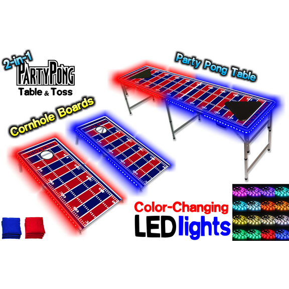 2-in-1 Cornhole Boards & Beer Pong Table w/ Color-Changing LED Glow Lights - New York Football Field