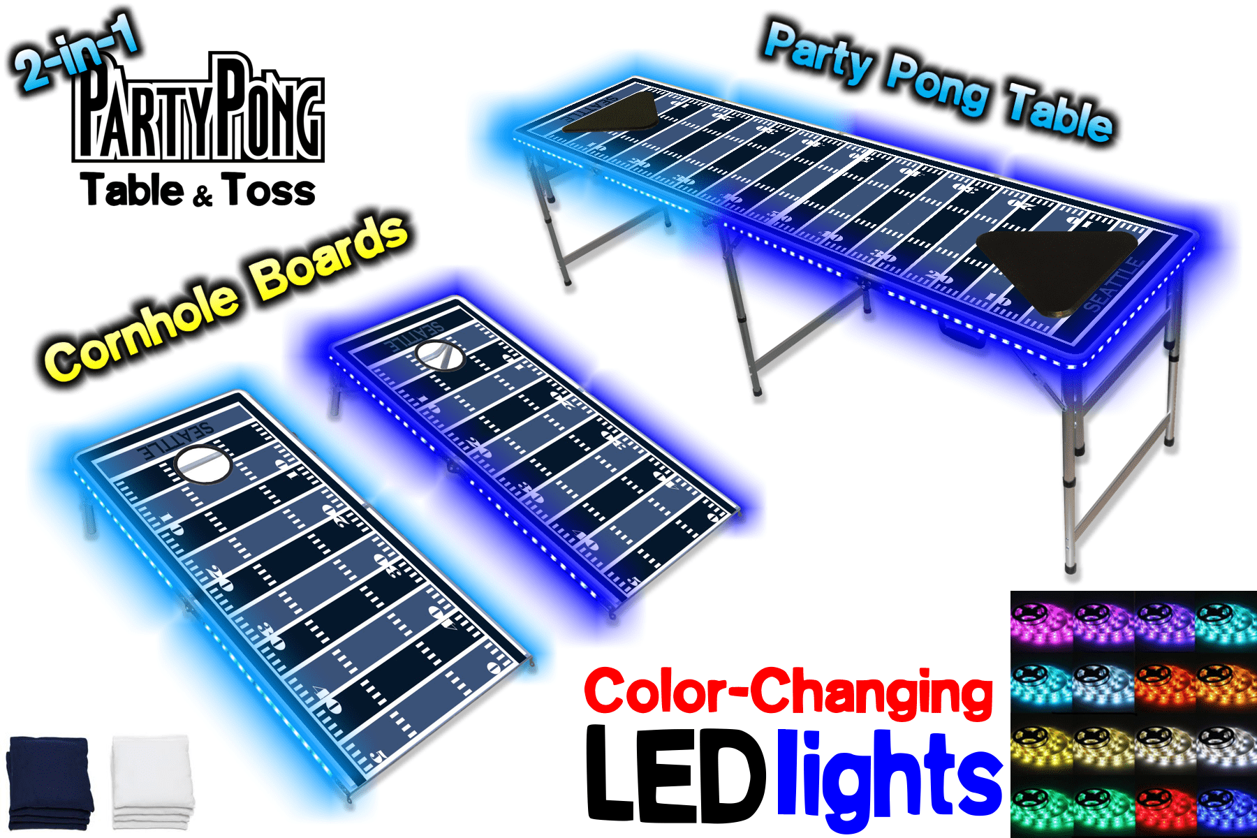 2-in-1 Cornhole Boards & Beer Pong Table w/ Color-Changing LED Glow Lights - Seattle Football Field