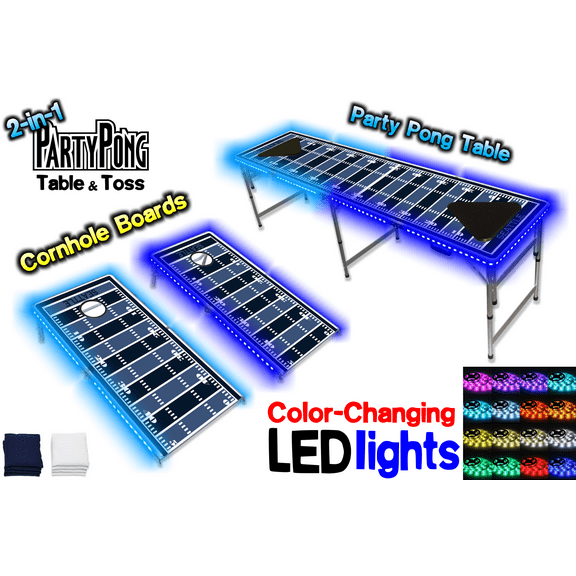 2-in-1 Cornhole Boards & Beer Pong Table w/ Color-Changing LED Glow Lights - Seattle Football Field
