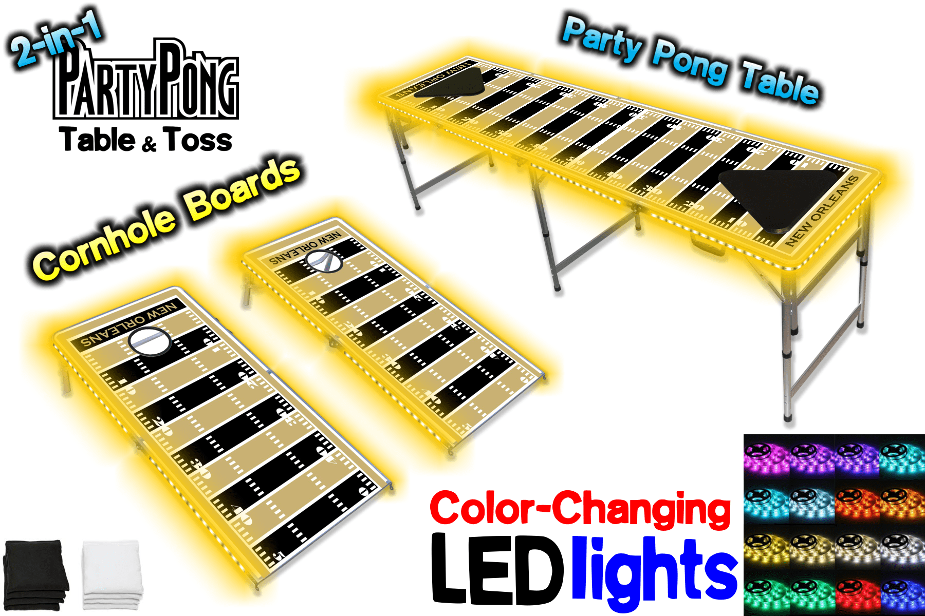 2-in-1 Cornhole Boards & Beer Pong Table W/ Color-Changing LED Glow Lights New Orleans Football Field