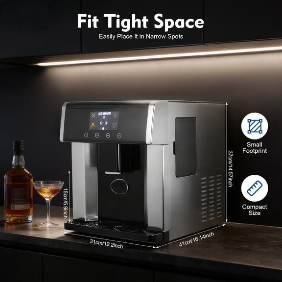 2-in-1 Countertop Ice Maker & Cold Water Dispenser, 10 Ice Cubes in 8-12 Mins, Compact Ice Machine with Water-Adding Cup & Scoop, Self-Cleaning for Home/Office (110V)