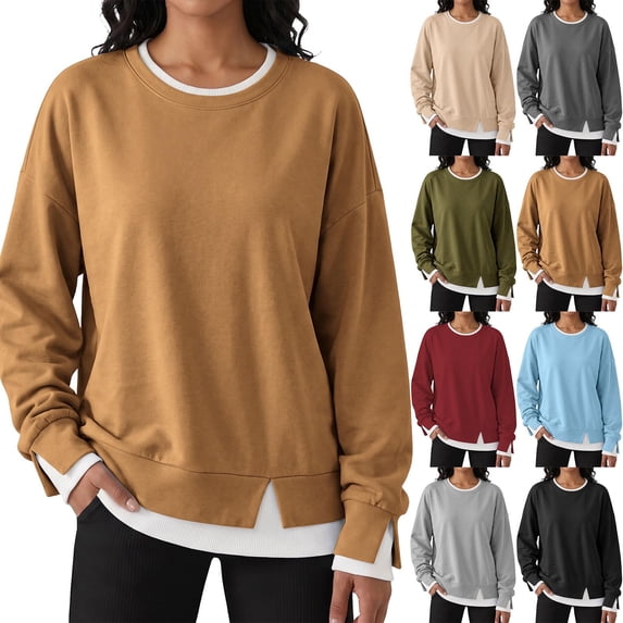 2-in-1 Crewneck Sweatshirts For Women, Fake Two Piece Long Sleeve Tunic Tops, Fall Split Detail Casual Loose Pullover Shirts