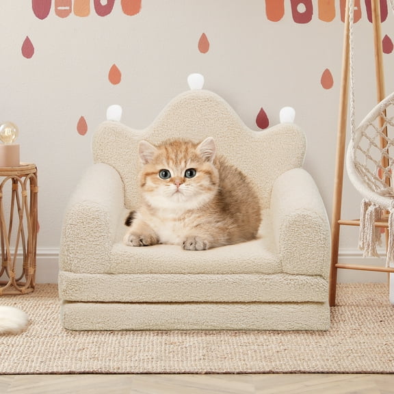 2-in-1 Crown Shaped Convertible Pet Bed & Sofa (22.8"18.8"15.7"): Luxurious Plush Design With Machine-Washable Cover, Stylish Colors For Dogs/Cats (Small To Large Breeds) - Cream