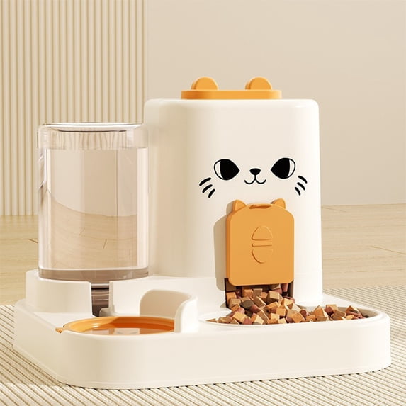 2-in-1 Cute Cat Automatic Pet Feeder & Water Dispenser, Food Grade Double Bowl Feeding Station for Cats & Small Dogs, Anti-Overflow Water Bowl with Detachable Design, Indoor Home Pet Feeding Solution