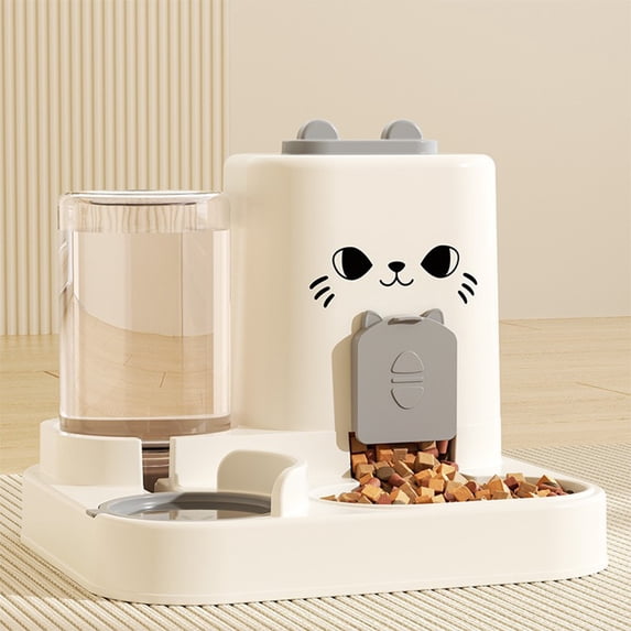 2-in-1 Cute Cat Automatic Pet Feeder & Water Dispenser, Food Grade Double Bowl Feeding Station for Cats & Small Dogs, Anti-Overflow Water Bowl with Detachable Design, Indoor Home Pet Feeding Solution