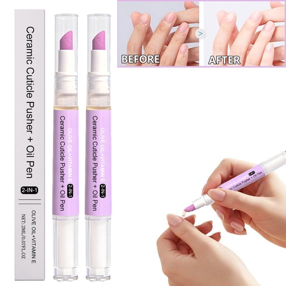 2-in-1 Cuticle Oil Pusher Pen, 2026 New Ceramic Cuticle Pusher & Oil Pen, Nail Care Tool for Dry Damaged Nails Hangnails Moisturiz Polish Brighten (2PC )