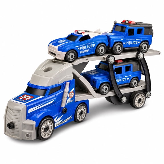 Police Car Carrier Truck Toy for Kids Ages 3+, 2-in-1 Take Apart Semi Hauler with 3 Police Vehicles, Screwdriver, Lights & Sounds