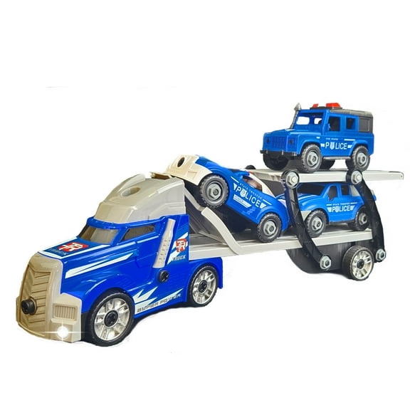 2-in-1 DIY STEM Police Hauler Learning Toy Educational Building Truck with 3 Take-Apart Cars, Lights & Sounds