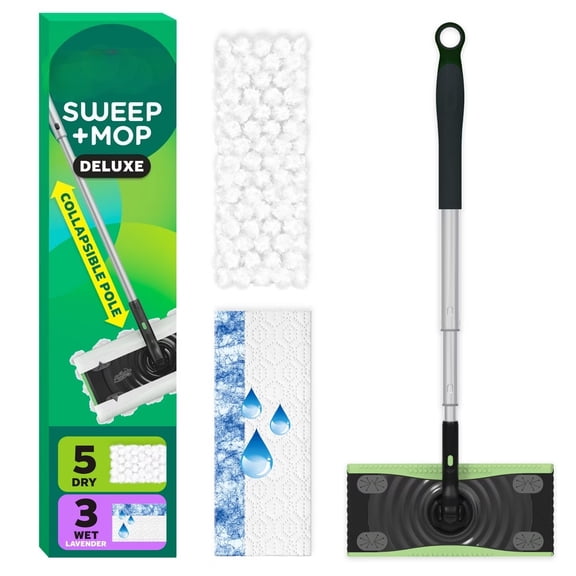 2-in-1 Deluxe Sweep + Mop: Multi-Surface Floor Cleaning Tool with Collapsible Pole & Locking Head