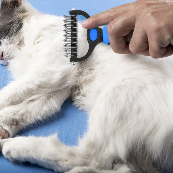 2-in-1 Dematting Comb for Dogs & Cats | Professional Pet Hair Remover with Rounded Teeth | Painless Mats Remover for Long Haired Pets,Comb with Anti-Slip Handle (Blue)