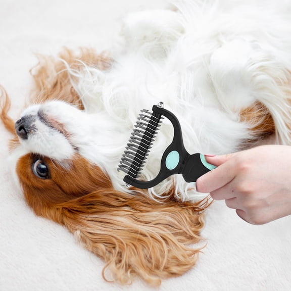 2-in-1 Dematting Comb for Dogs & Cats | Professional Pet Hair Remover with Rounded Teeth | Painless Mats Remover for Long Haired Pets,Comb with Anti-Slip Handle (Green)