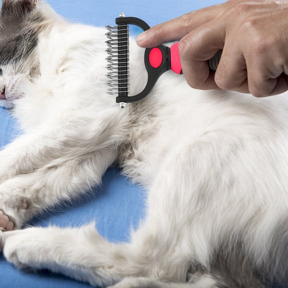 2-in-1 Dematting Comb for Dogs & Cats | Professional Pet Hair Remover with Rounded Teeth | Painless Mats Remover for Long Haired Pets,Comb with Anti-Slip Handle (Red)