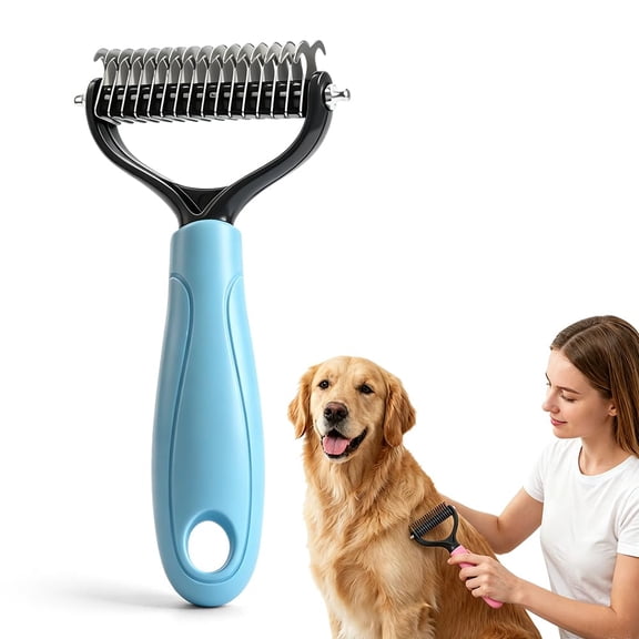 2-in-1 Dematting Comb for Dogs Cats - Double-Sided Undercoat Rake Deshedding Brush - Pet Pro Grooming Tool Removes Tangles Knots - 1PC Blue